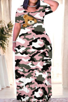 Pink Casual Camouflage Print Animal Patchwork O Neck Printed Dresses