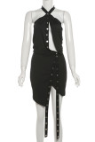 Black Sexy Solid Color Hollow Out Buttons Patchwork Slit Halter Wrapped Skirt Dresses