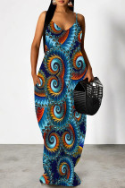 Blue Sexy Animal Print Pocket V Neck Printed Dresses
