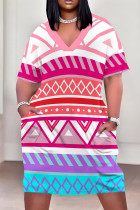 Pink Purple Casual Print Pocket Patchwork V Neck Straight Plus Size Dresses