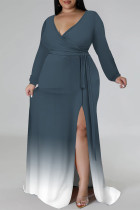 Grey Sexy Gradient Print Lace Up Contrast V Neck Printed Plus Size Dresses