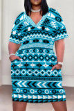 Cyan Casual Print Pocket Patchwork V Neck Straight Plus Size Dresses
