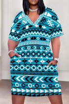 Cyan Casual Print Pocket Patchwork V Neck Straight Plus Size Dresses