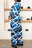 Blue Casual Print Buckle Patchwork Strap Design Turndown Collar Long Sleeve Two Pieces