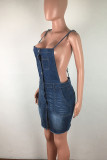 Light Blue Sexy Solid Color Pocket Buckle Patchwork Backless Sleeveless Regular Denim Dresses