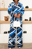 Blue Casual Print Buckle Patchwork Strap Design Turndown Collar Long Sleeve Two Pieces