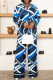 Blue Casual Print Buckle Patchwork Strap Design Turndown Collar Long Sleeve Two Pieces