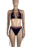 Dark Purple Sexy Print Patchwork Backless Strap Design Swimwears