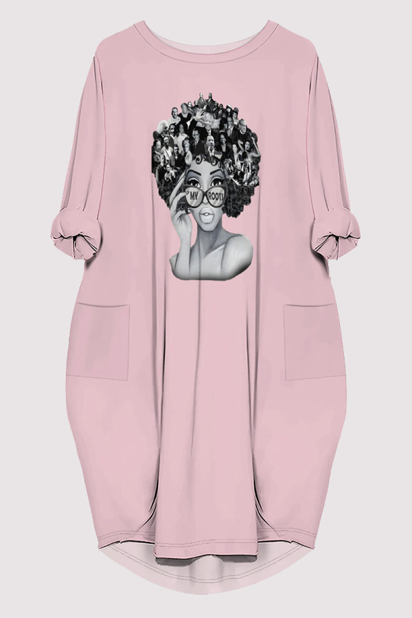 Pink Casual Figure Print Pocket O Neck Printed Dresses