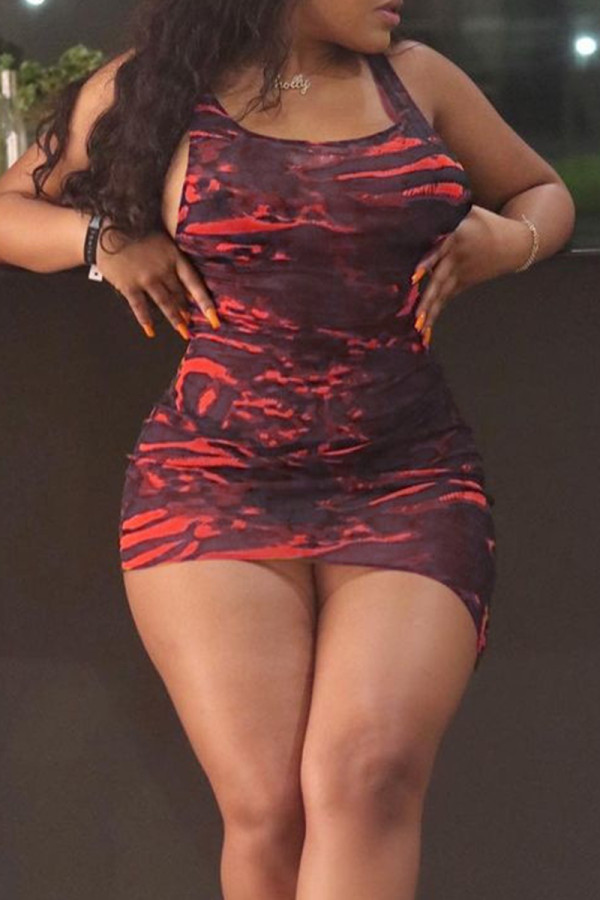 Red Sexy Print Patchwork U Neck Wrapped Skirt Dresses