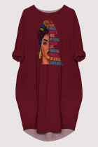 Burgundy Casual Figure Print Pocket O Neck Printed Dresses