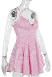 Pink Sexy Print Patchwork Backless Zipper Spaghetti Strap Sling Dresses
