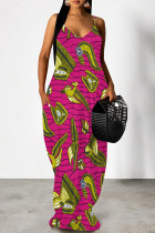 Rose Red Sexy Animal Print Pocket V Neck Printed Dresses