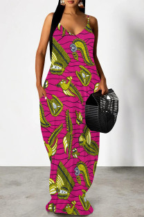 Rose Red Sexy Animal Print Pocket V Neck Printed Dresses
