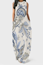 Blue Casual Floral Print Pocket O Neck Printed Dresses