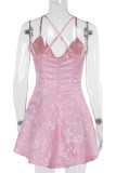 Pink Sexy Print Patchwork Backless Zipper Spaghetti Strap Sling Dresses