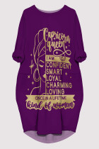 Purple Casual Letter Print Pocket O Neck Printed Dresses