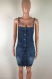 Light Blue Sexy Solid Color Pocket Buckle Patchwork Backless Sleeveless Regular Denim Dresses