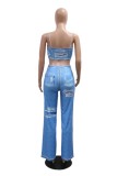 Blue Sexy Casual Print Vests Pants Spaghetti Strap Sleeveless Two Pieces