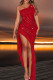 Red Sexy Patchwork Hot Drilling Fringed Trim Slit Oblique Collar Dresses