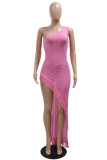 Pink Sexy Patchwork Hot Drilling Fringed Trim Slit Oblique Collar Dresses