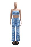 Blue Sexy Casual Print Vests Pants Spaghetti Strap Sleeveless Two Pieces