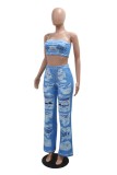 Blue Sexy Casual Print Vests Pants Spaghetti Strap Sleeveless Two Pieces