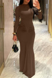 Coffee Casual Solid Color Ruched O Neck Long Dresses