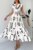 White Casual Print Belted V Neck Long Dresses