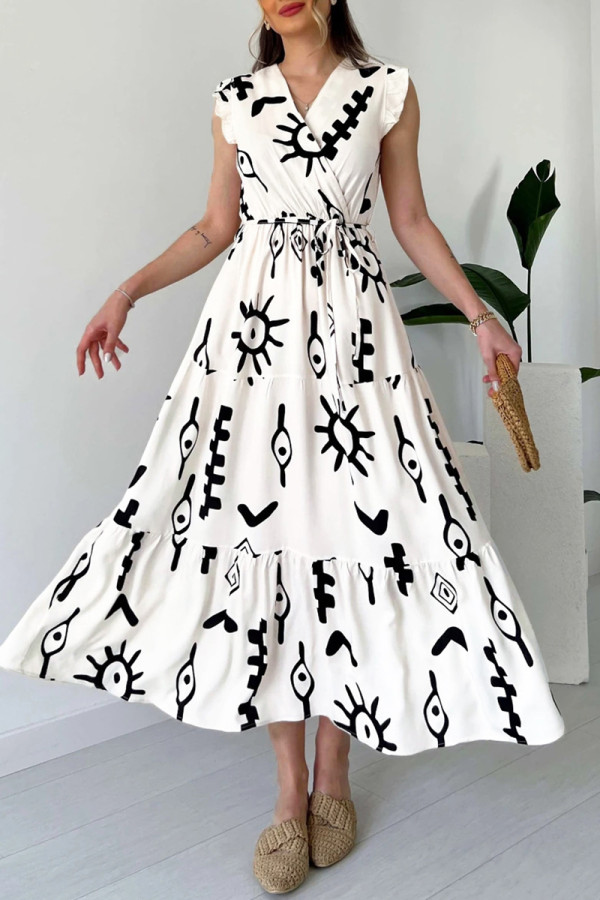 White Casual Print Belted V Neck Long Dresses
