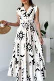 White Casual Print Belted V Neck Long Dresses