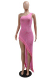 Pink Sexy Patchwork Hot Drilling Fringed Trim Slit Oblique Collar Dresses
