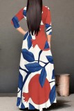 Blue Casual Print Belted V Neck Long Dresses
