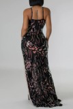 Pink Sexy Patchwork Sequins Backless Slit Spaghetti Strap Long Dresses