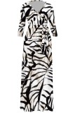 Blue Casual Print Belted V Neck Long Dresses