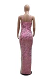 Pink Sexy Patchwork Sequins Backless Slit Spaghetti Strap Long Dresses