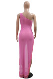 Pink Sexy Patchwork Hot Drilling Fringed Trim Slit Oblique Collar Dresses