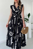 White Casual Print Belted V Neck Long Dresses