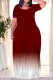 Burgundy Casual Gradient Print Pocket O Neck Printed Plus Size Dresses