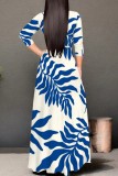 Blue Casual Print Belted V Neck Long Dresses