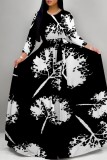 White Casual Print Basic O Neck Long Dresses