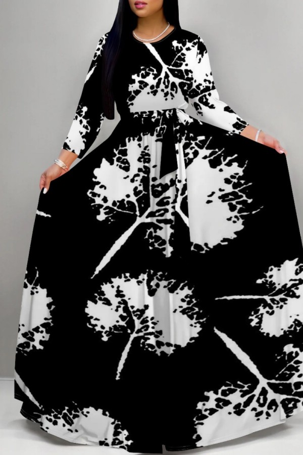 Matte Black Casual Print Basic O Neck Long Dresses