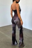 Black Sexy Casual Print Hollow Out Backless Spaghetti Strap Bodycon Jumpsuits