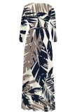 Blue Casual Print Belted V Neck Long Dresses