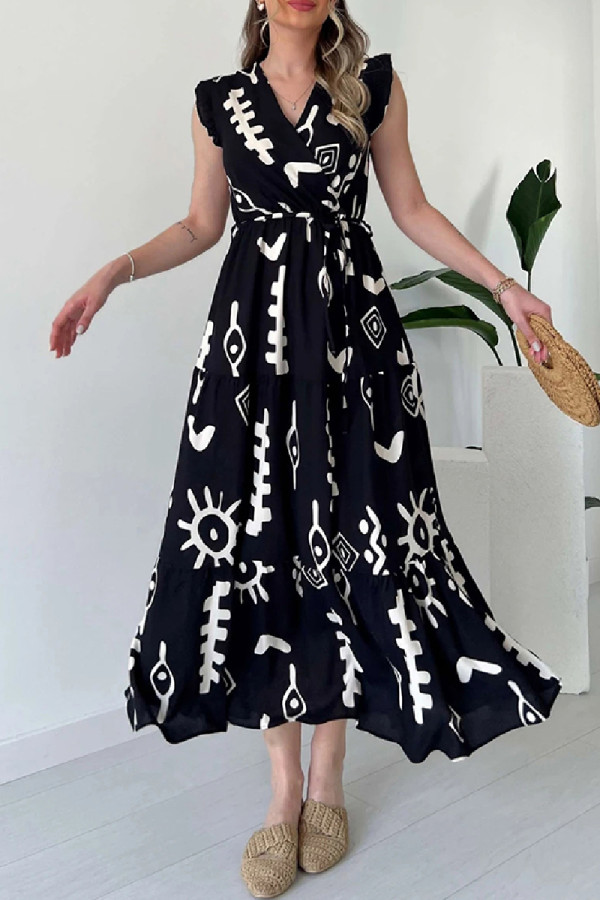 Black Casual Print Belted V Neck Long Dresses