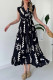 Black Casual Print Belted V Neck Long Dresses