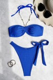Blue Sexy Solid Color Backless Strap Design Swimwears (With Paddings)