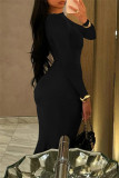 Coffee Casual Solid Color Ruched O Neck Long Dresses