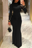 Coffee Casual Solid Color Ruched O Neck Long Dresses