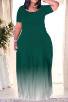 Green Casual Gradient Print Pocket O Neck Printed Plus Size Dresses